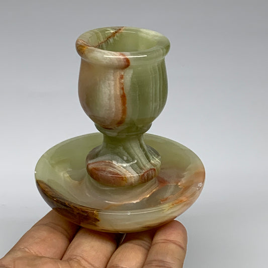 244g, 3.1"x1.5"x2.9", Natural Green Onyx Candle Holder Gemstone Hand Carved, B32