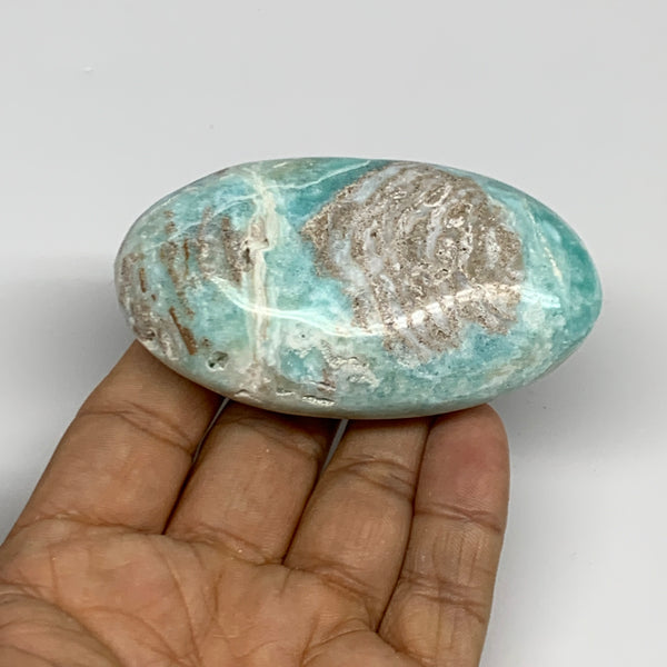 126.3g, 3"x1.7”x1", Blue Aragonite Calcite Palm-Stone @Afghanistan, B31585