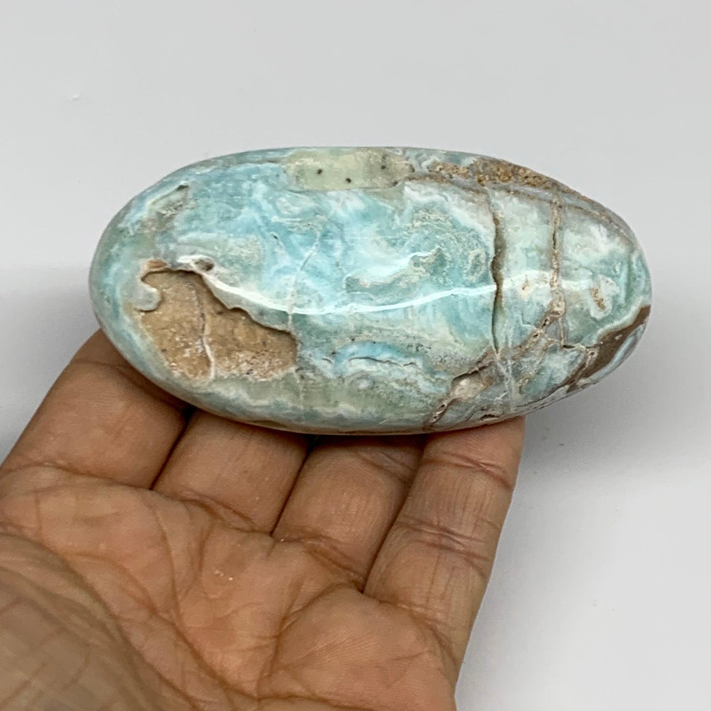 144.9g, 3.3"x1.7”x0.9", Blue Aragonite Calcite Palm-Stone @Afghanistan, B31586