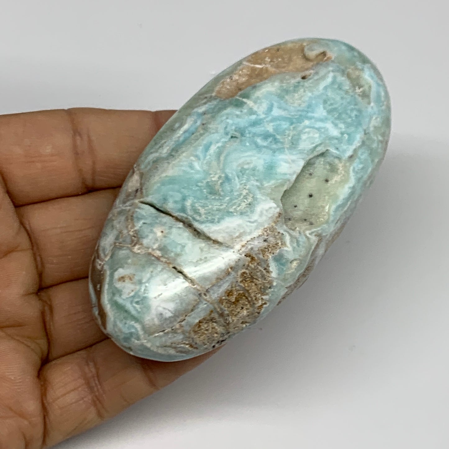 144.9g, 3.3"x1.7”x0.9", Blue Aragonite Calcite Palm-Stone @Afghanistan, B31586