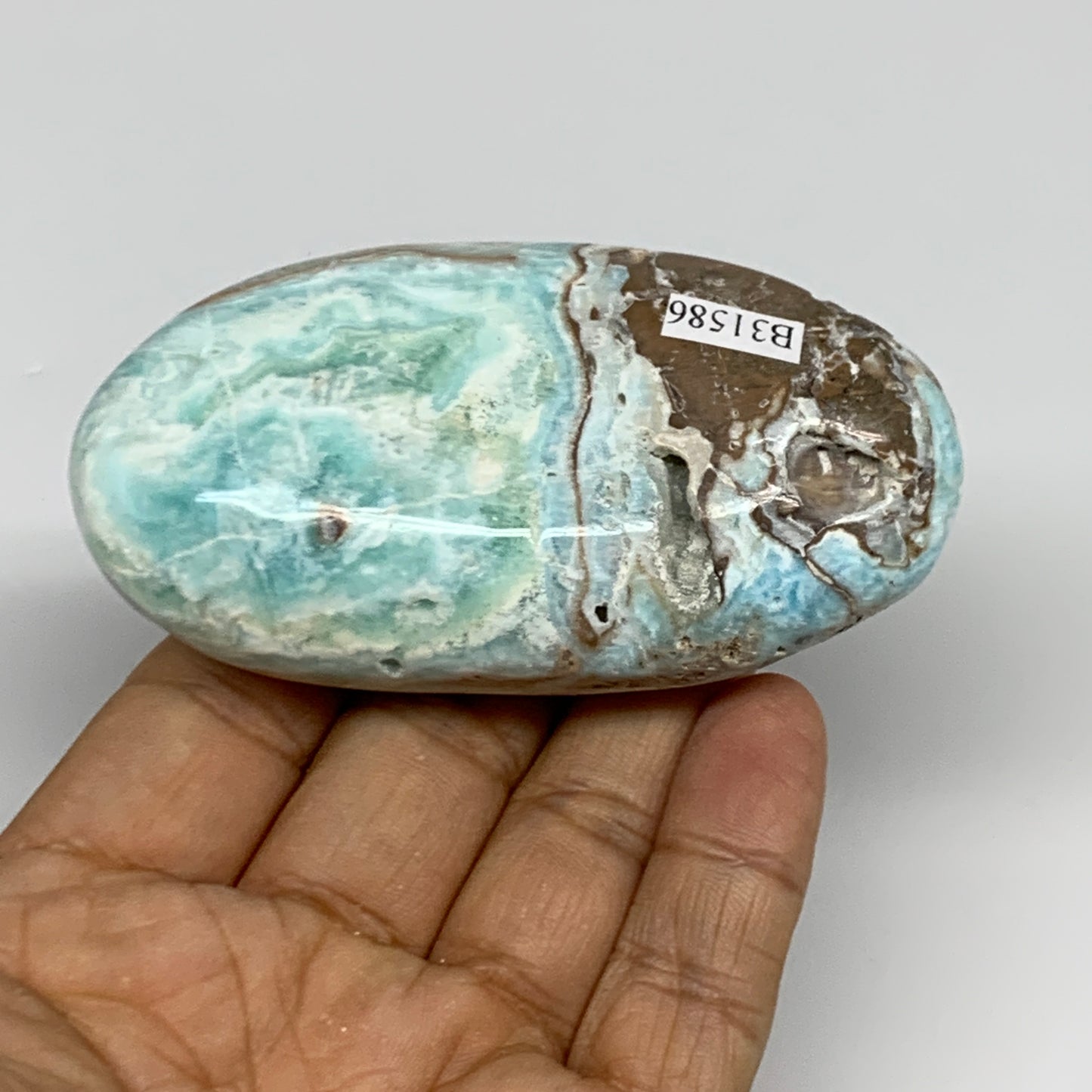 144.9g, 3.3"x1.7”x0.9", Blue Aragonite Calcite Palm-Stone @Afghanistan, B31586