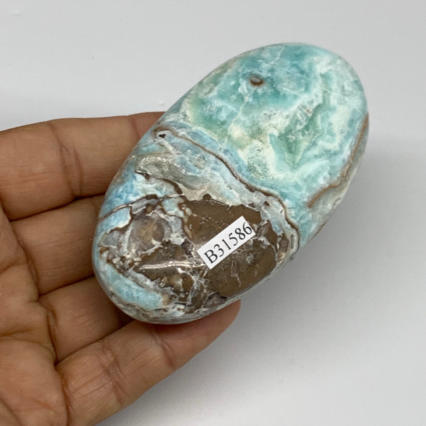 144.9g, 3.3"x1.7”x0.9", Blue Aragonite Calcite Palm-Stone @Afghanistan, B31586