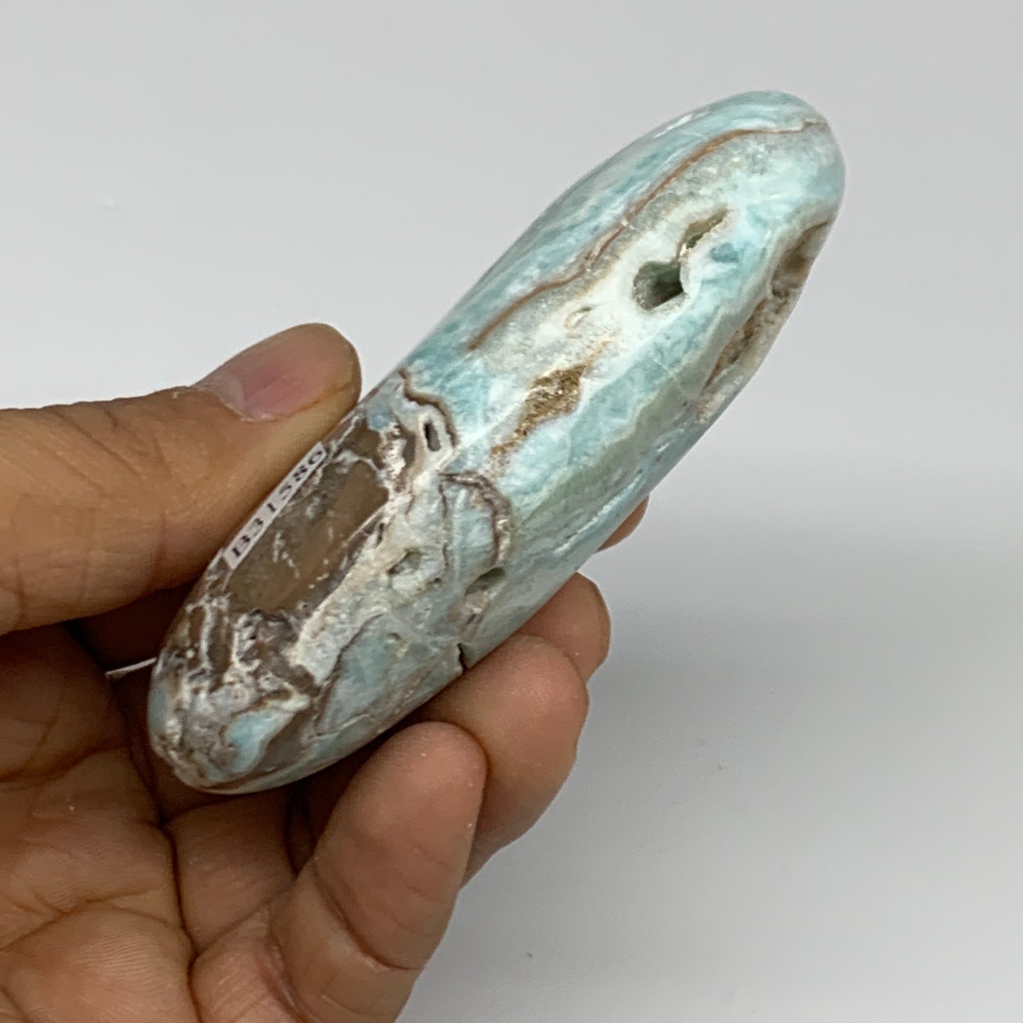 144.9g, 3.3"x1.7”x0.9", Blue Aragonite Calcite Palm-Stone @Afghanistan, B31586