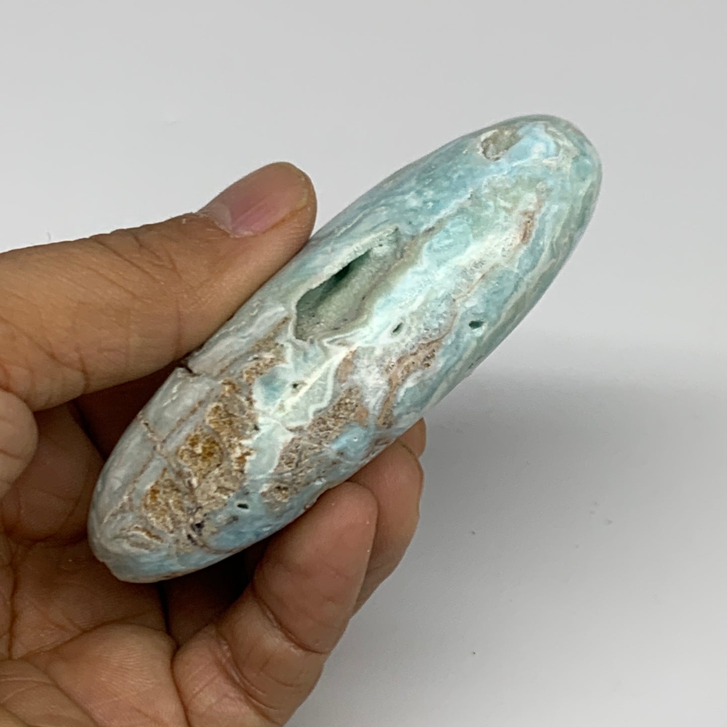 144.9g, 3.3"x1.7”x0.9", Blue Aragonite Calcite Palm-Stone @Afghanistan, B31586