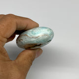 144.9g, 3.3"x1.7”x0.9", Blue Aragonite Calcite Palm-Stone @Afghanistan, B31586