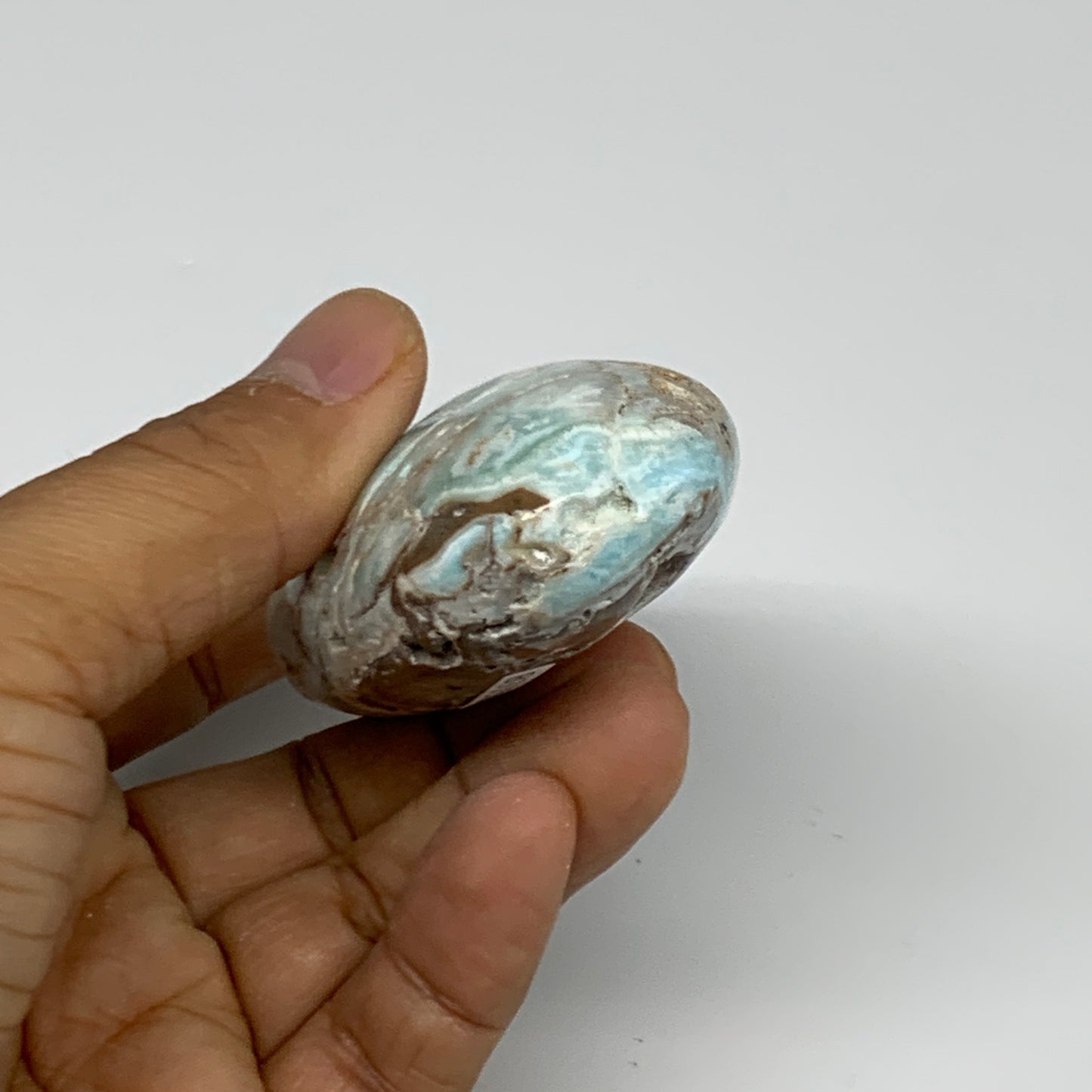 144.9g, 3.3"x1.7”x0.9", Blue Aragonite Calcite Palm-Stone @Afghanistan, B31586