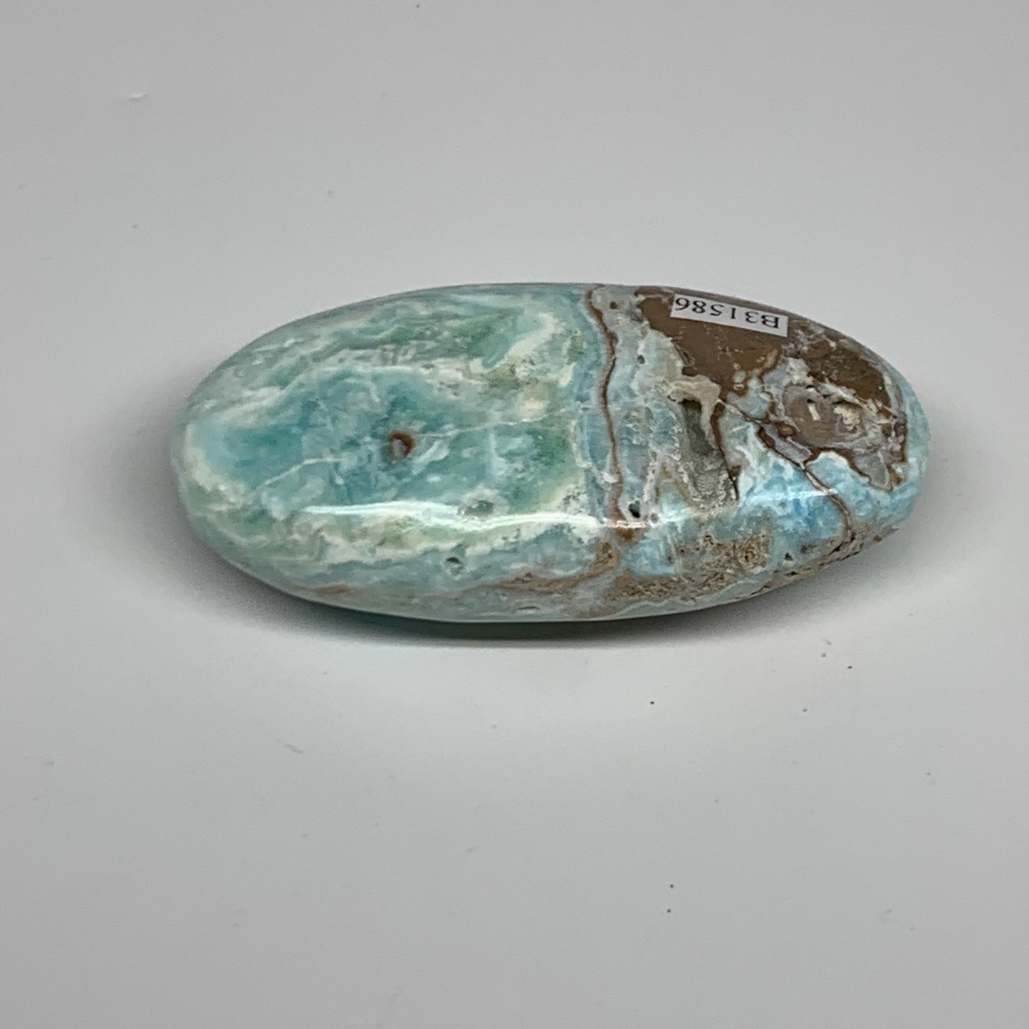 144.9g, 3.3"x1.7”x0.9", Blue Aragonite Calcite Palm-Stone @Afghanistan, B31586