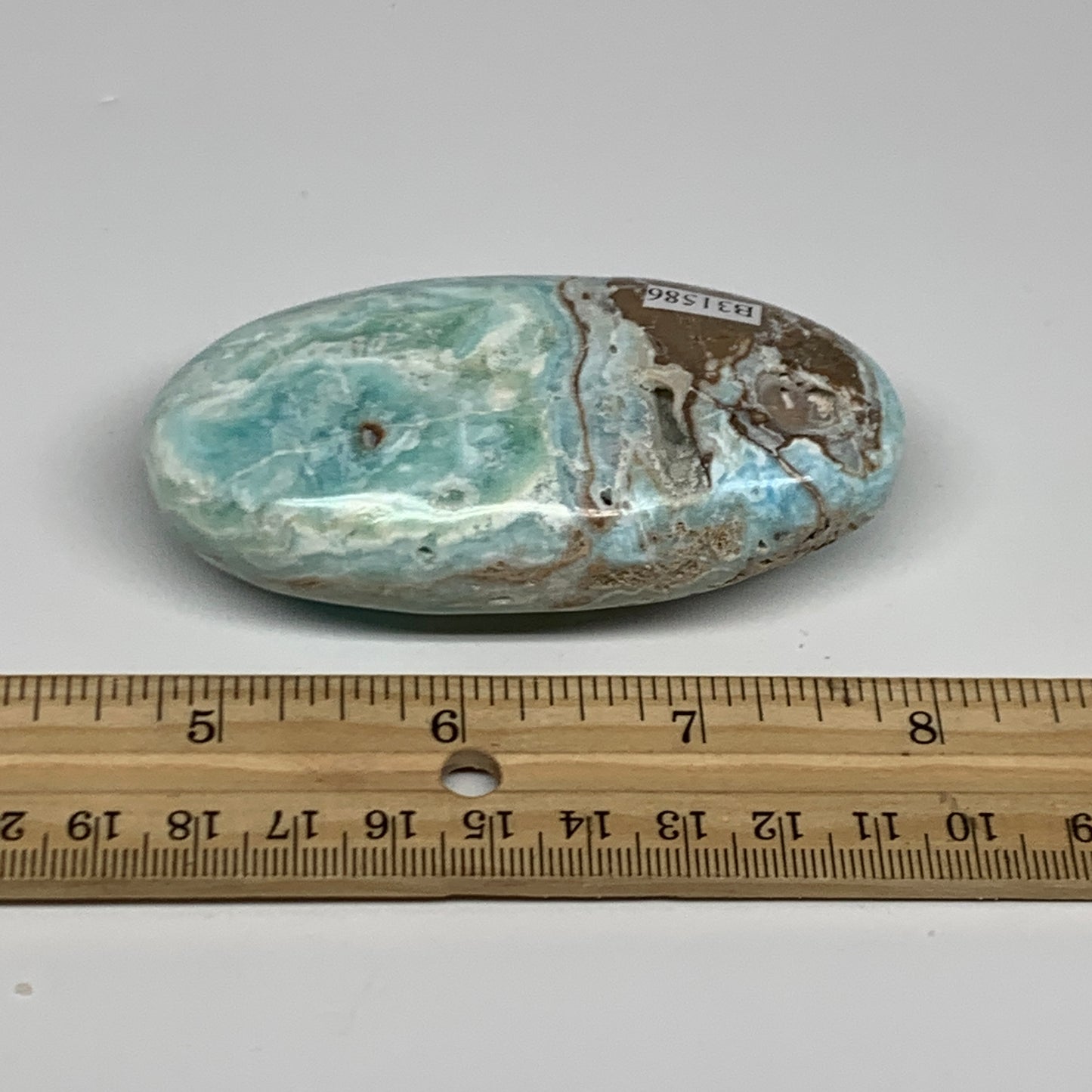 144.9g, 3.3"x1.7”x0.9", Blue Aragonite Calcite Palm-Stone @Afghanistan, B31586