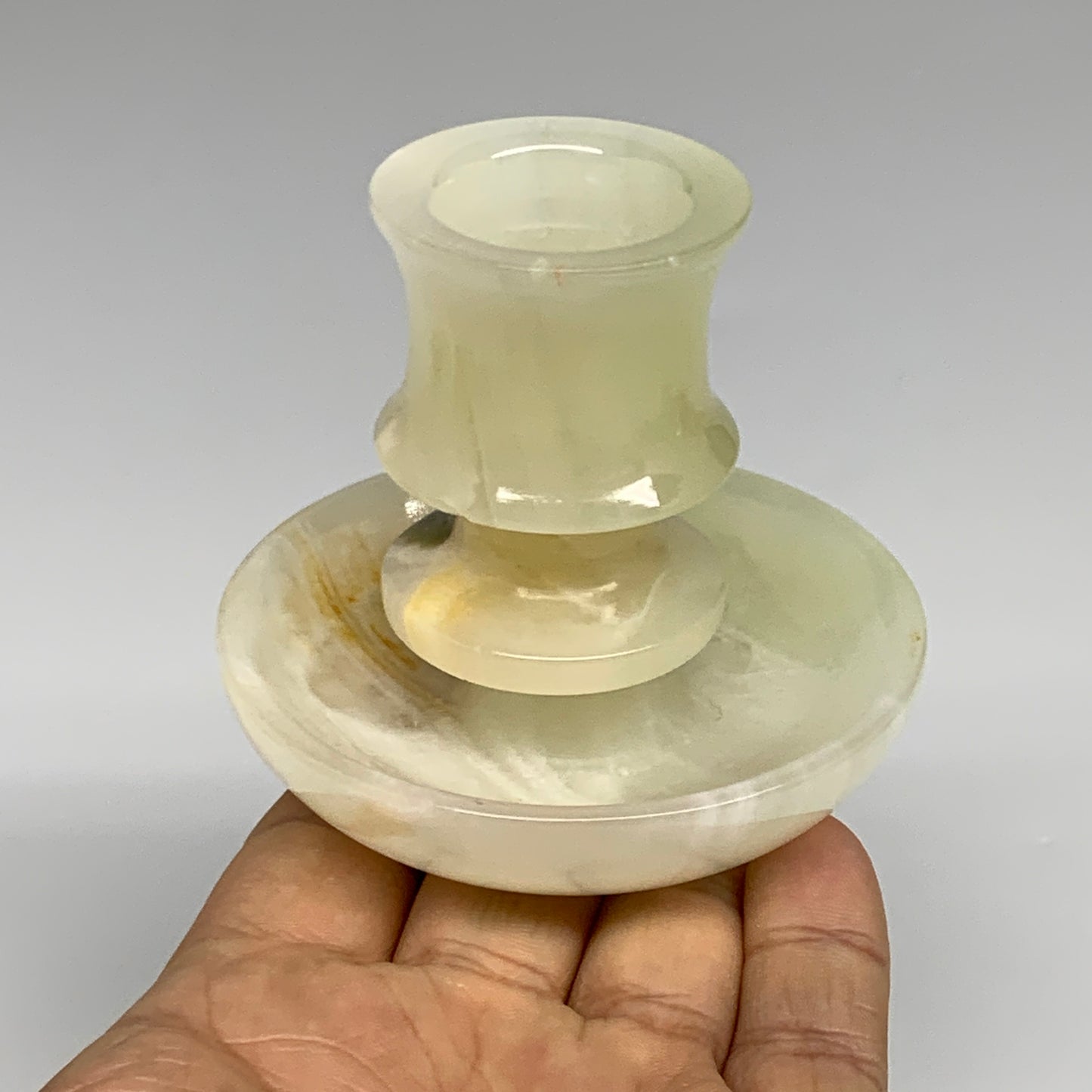 193g, 2.6"x1.4"x2.9", Natural Green Onyx Candle Holder Gemstone Hand Carved, B32