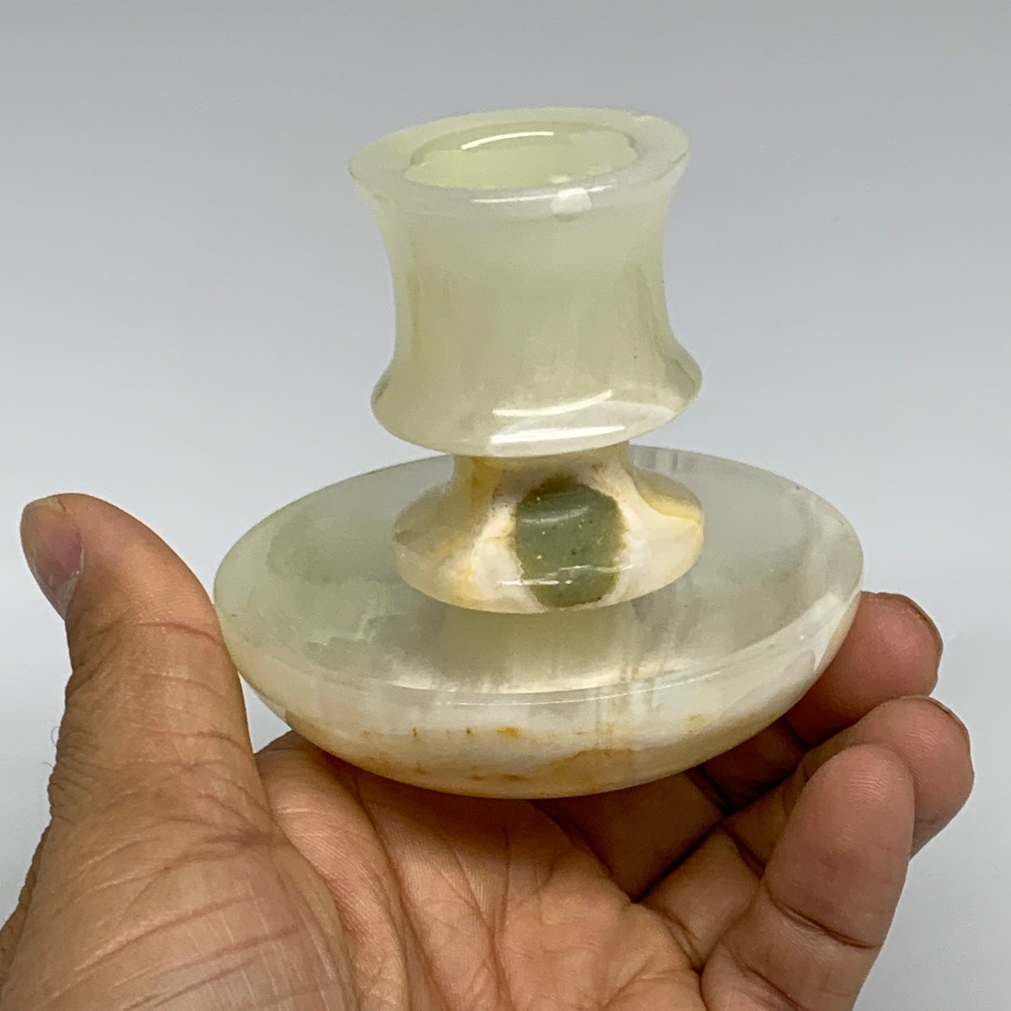 193g, 2.6"x1.4"x2.9", Natural Green Onyx Candle Holder Gemstone Hand Carved, B32