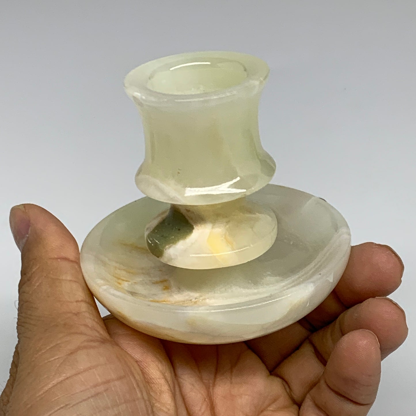 193g, 2.6"x1.4"x2.9", Natural Green Onyx Candle Holder Gemstone Hand Carved, B32