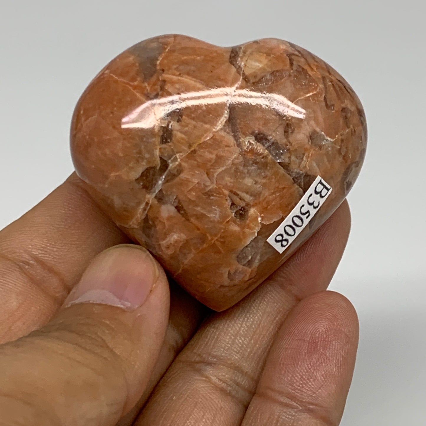 76.5g, 1.8"x2"x1", Peach Moonstone Heart Crystal Polished, B35008