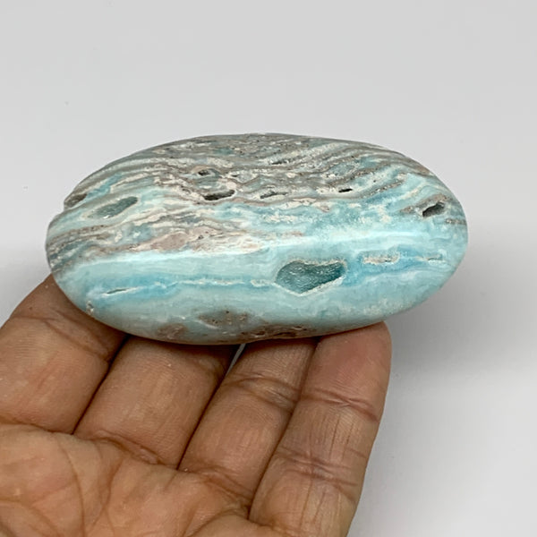 82.3g, 2.9"x1.5”x0.8", Blue Aragonite Calcite Palm-Stone @Afghanistan, B31589