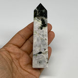 140.7g, 4.1"x1"x1" Rainbow Moonstone Tower Obelisk Point Crystal @India,B29281