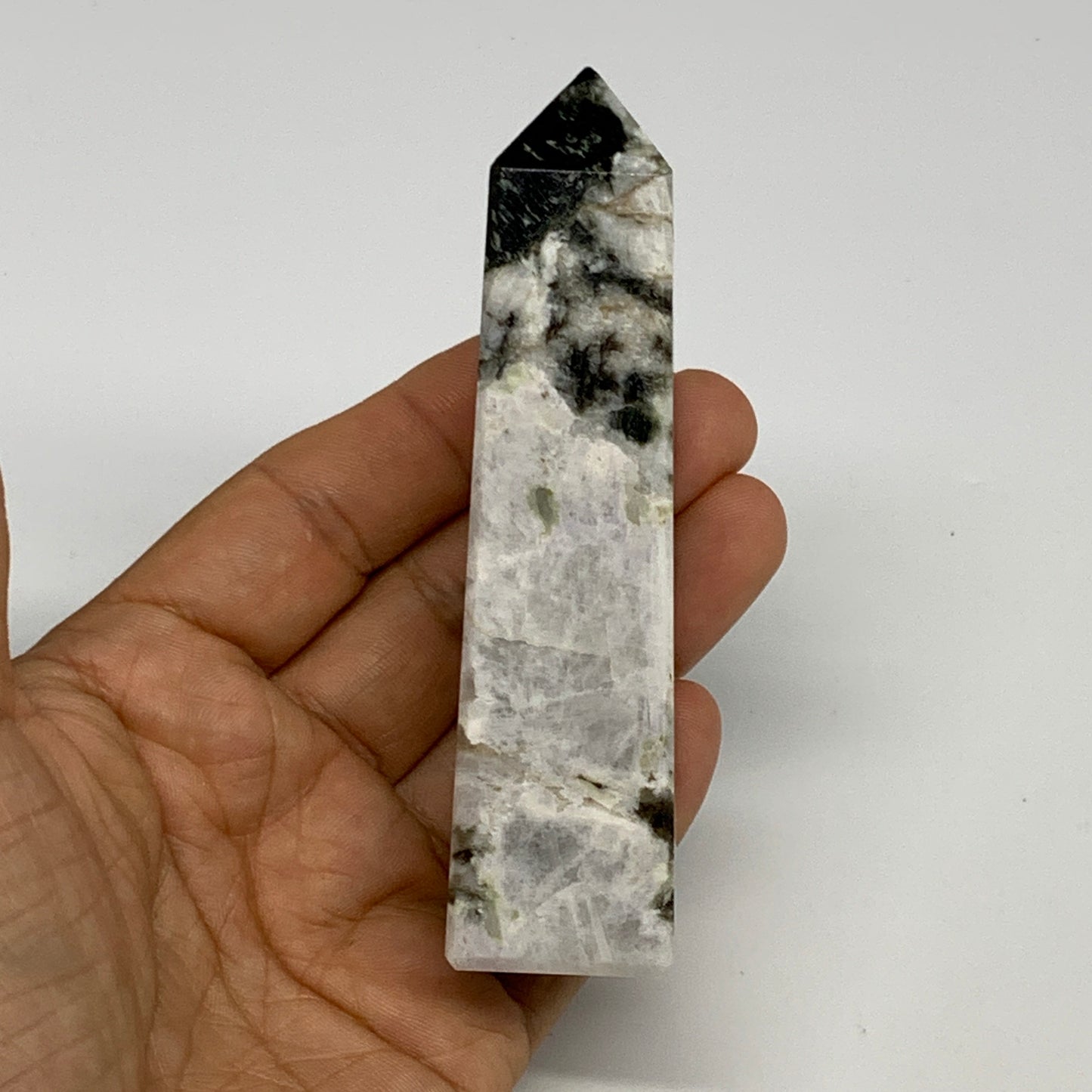 140.7g, 4.1"x1"x1" Rainbow Moonstone Tower Obelisk Point Crystal @India,B29281