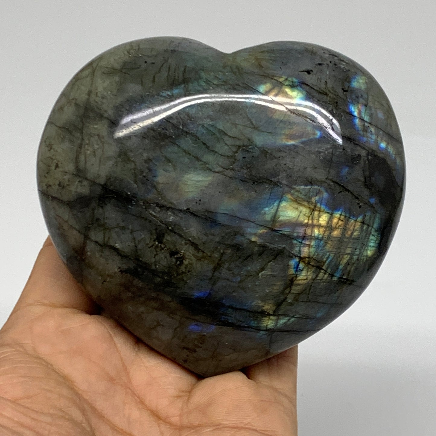 0.95 lbs, 3.3"x3.5"x1.6", Natural Labradorite Heart Polished Crystal, B37234