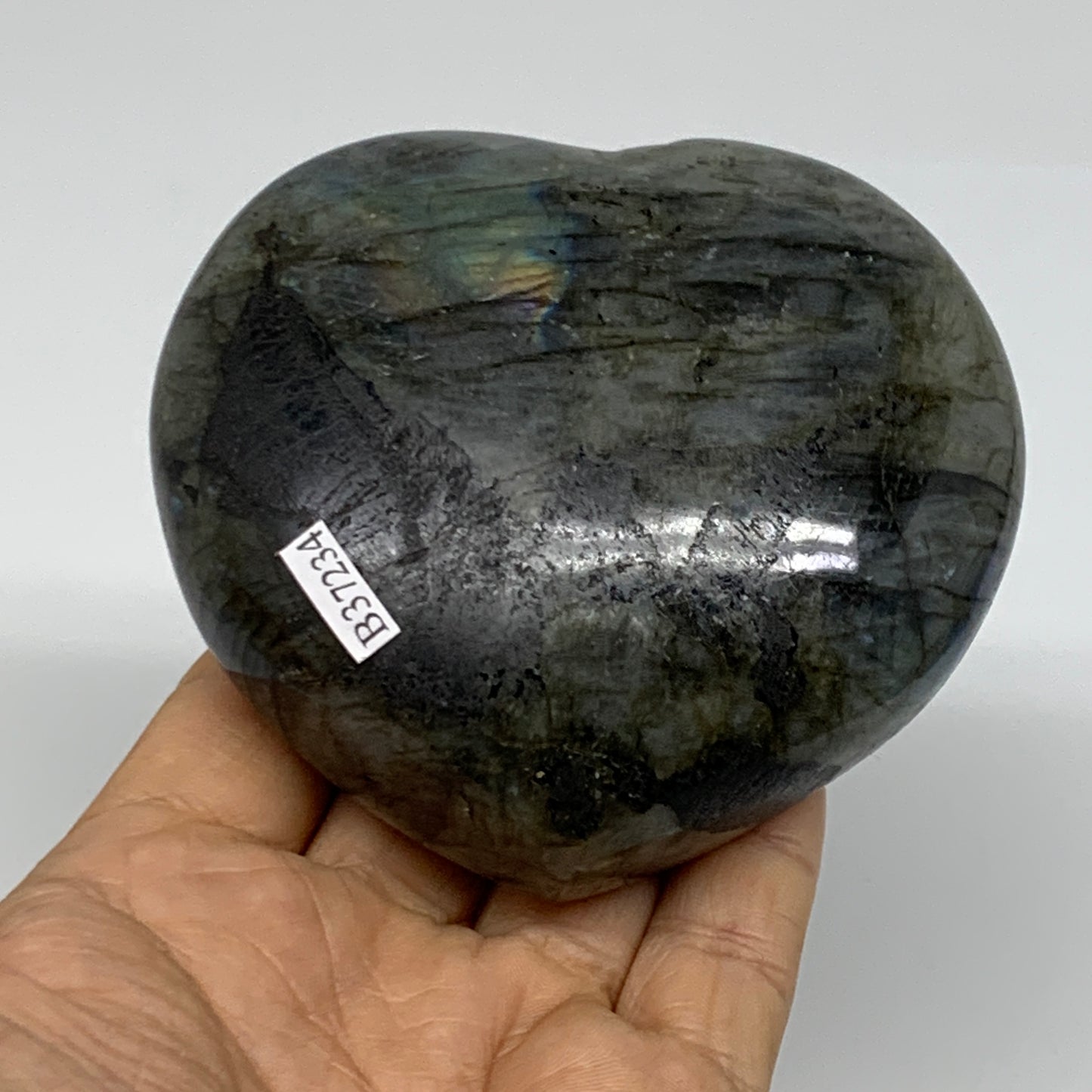 0.95 lbs, 3.3"x3.5"x1.6", Natural Labradorite Heart Polished Crystal, B37234