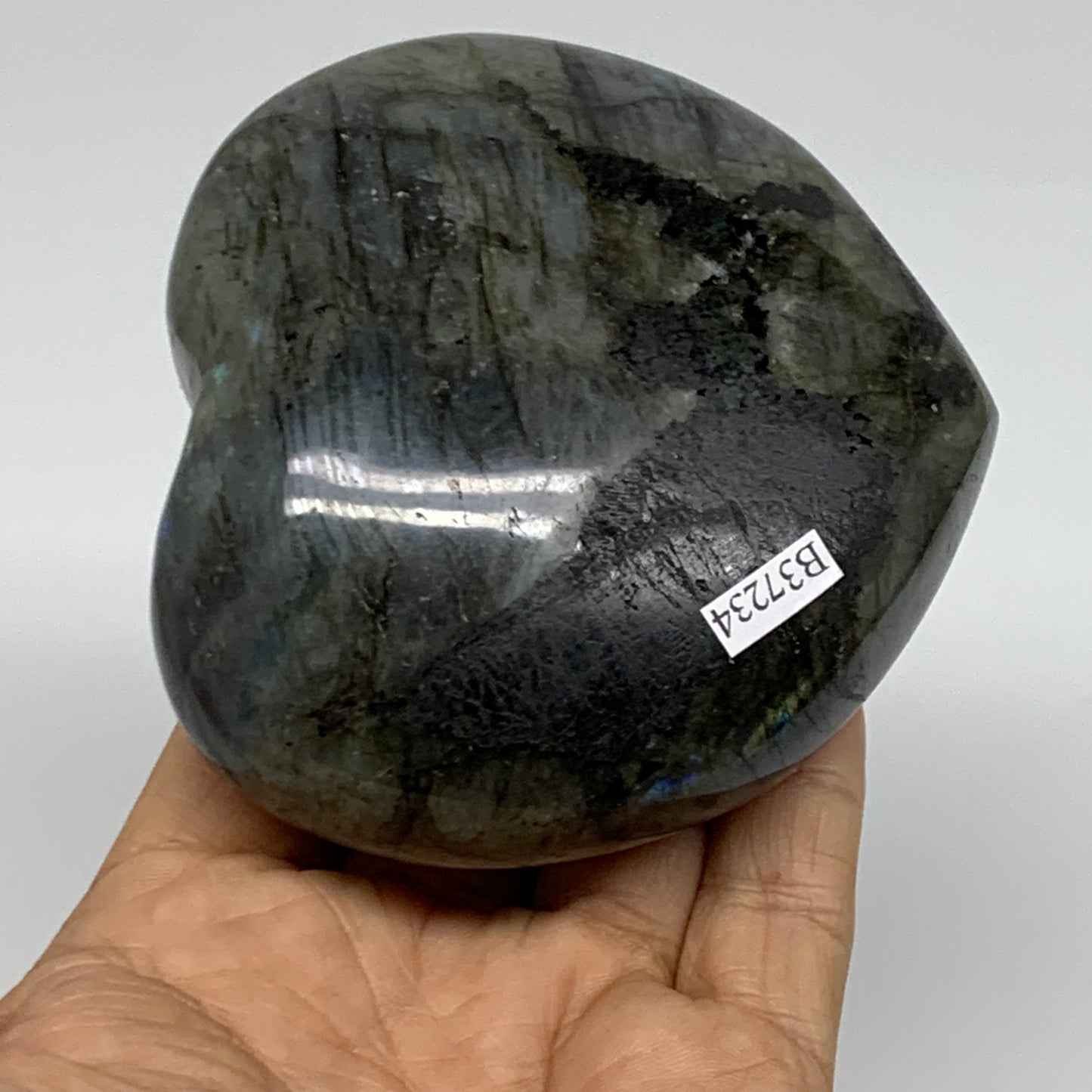0.95 lbs, 3.3"x3.5"x1.6", Natural Labradorite Heart Polished Crystal, B37234