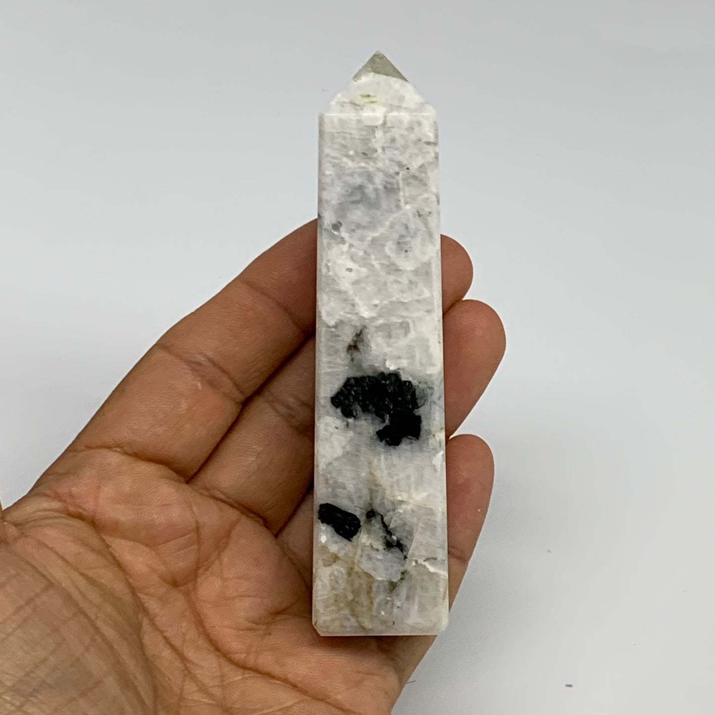 124.8g, 4.1"x1"x1" Rainbow Moonstone Tower Obelisk Point Crystal @India,B29282