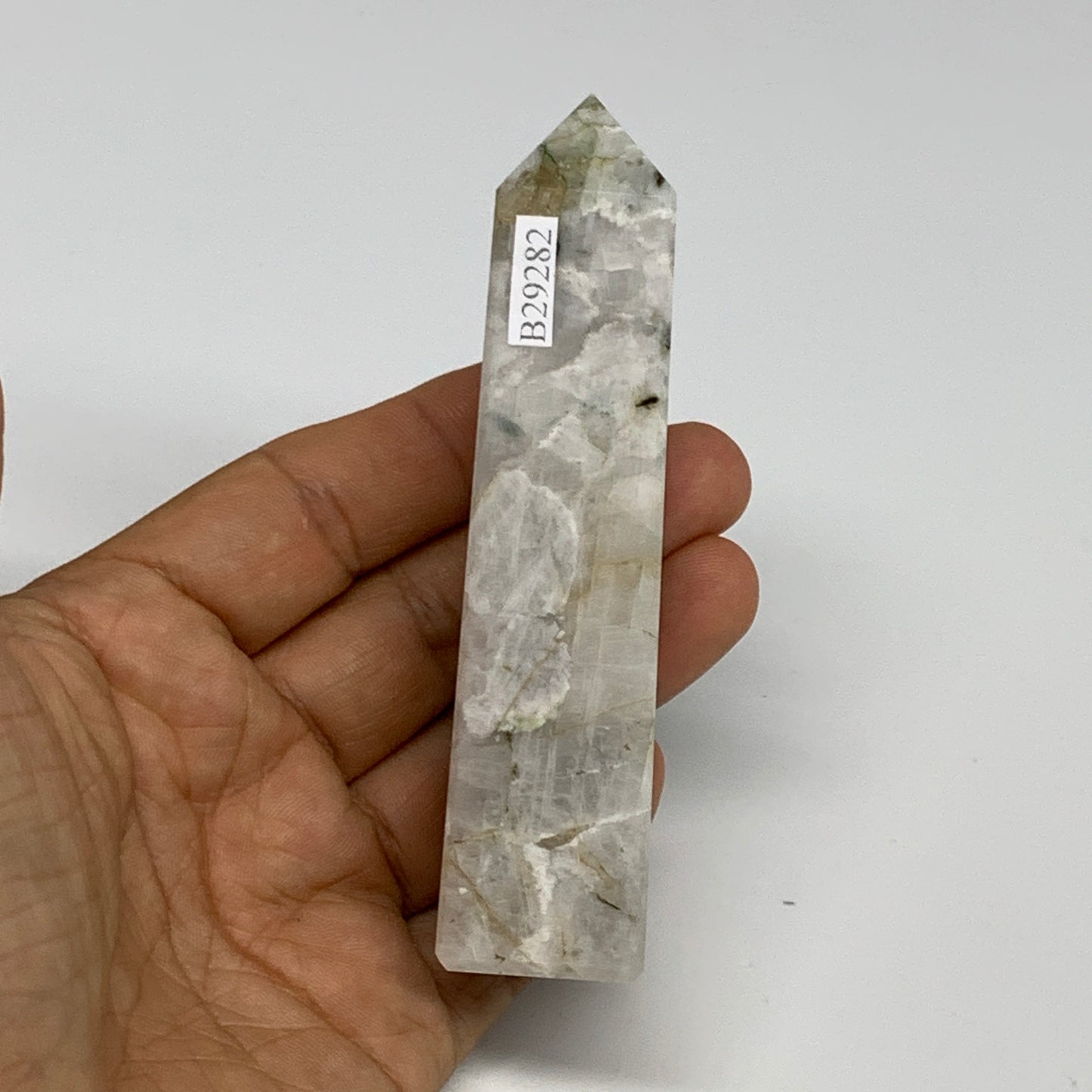 124.8g, 4.1"x1"x1" Rainbow Moonstone Tower Obelisk Point Crystal @India,B29282