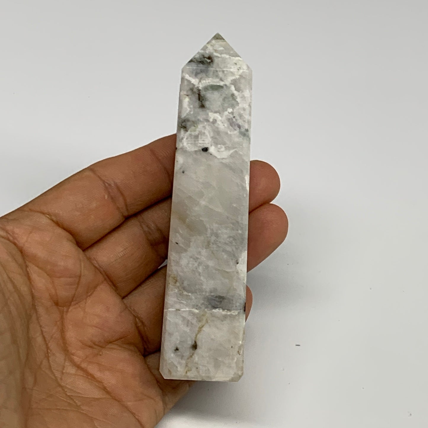 124.8g, 4.1"x1"x1" Rainbow Moonstone Tower Obelisk Point Crystal @India,B29282