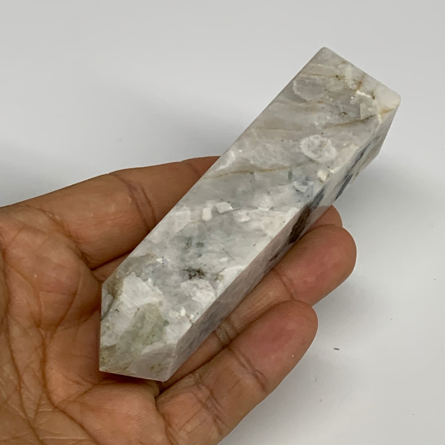 124.8g, 4.1"x1"x1" Rainbow Moonstone Tower Obelisk Point Crystal @India,B29282