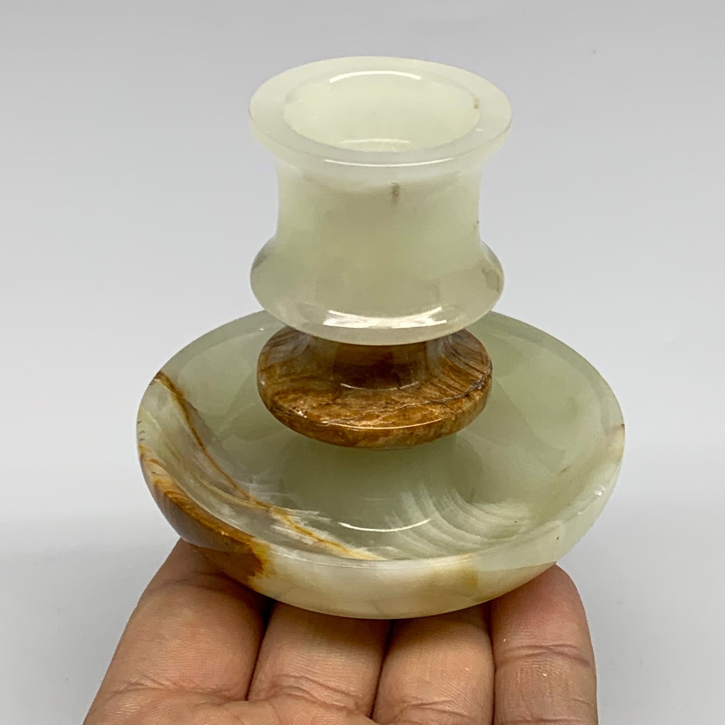 190g, 2.7"x1.4"x2.9", Natural Green Onyx Candle Holder Gemstone Carved, B32218