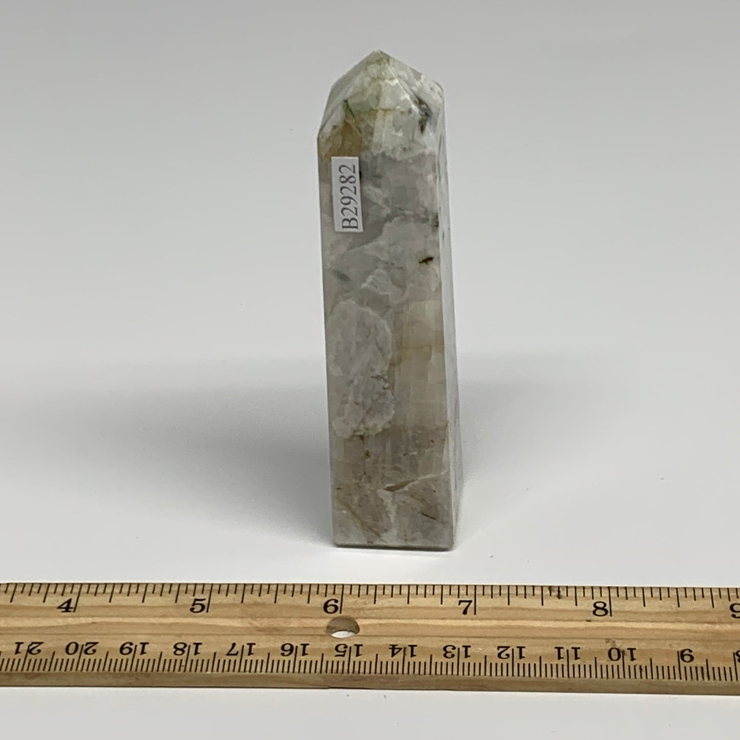 124.8g, 4.1"x1"x1" Rainbow Moonstone Tower Obelisk Point Crystal @India,B29282