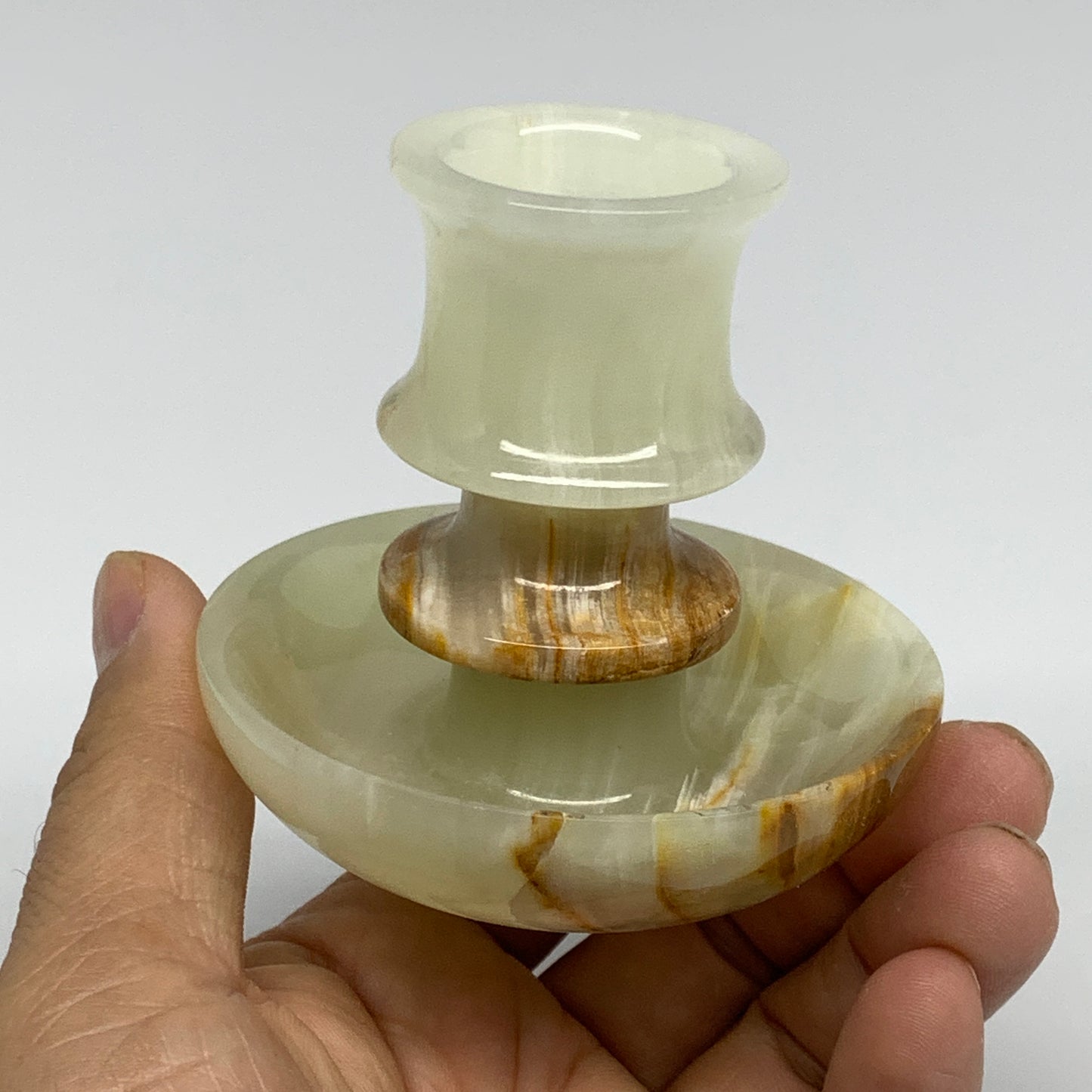 190g, 2.7"x1.4"x2.9", Natural Green Onyx Candle Holder Gemstone Carved, B32218