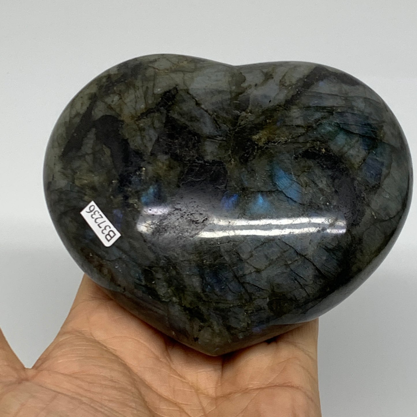 1.45 lbs, 3.9"x4.3"x1.7", Natural Labradorite Heart Polished Crystal, B37236