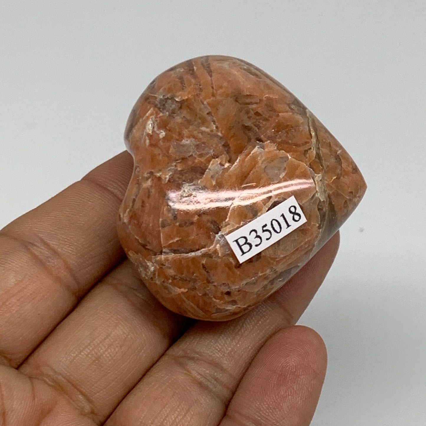 75.4g, 1.8"x2"x1", Peach Moonstone Heart Crystal Polished, B35018
