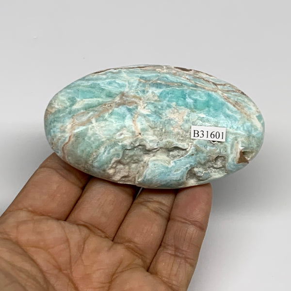 148.8g, 3.3"x2”x0.9", Blue Aragonite Calcite Palm-Stone @Afghanistan, B31601