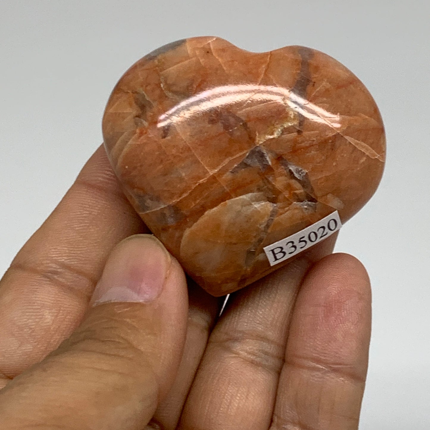 67.9g, 1.8"x2"x0.9", Peach Moonstone Heart Crystal Polished, B35020