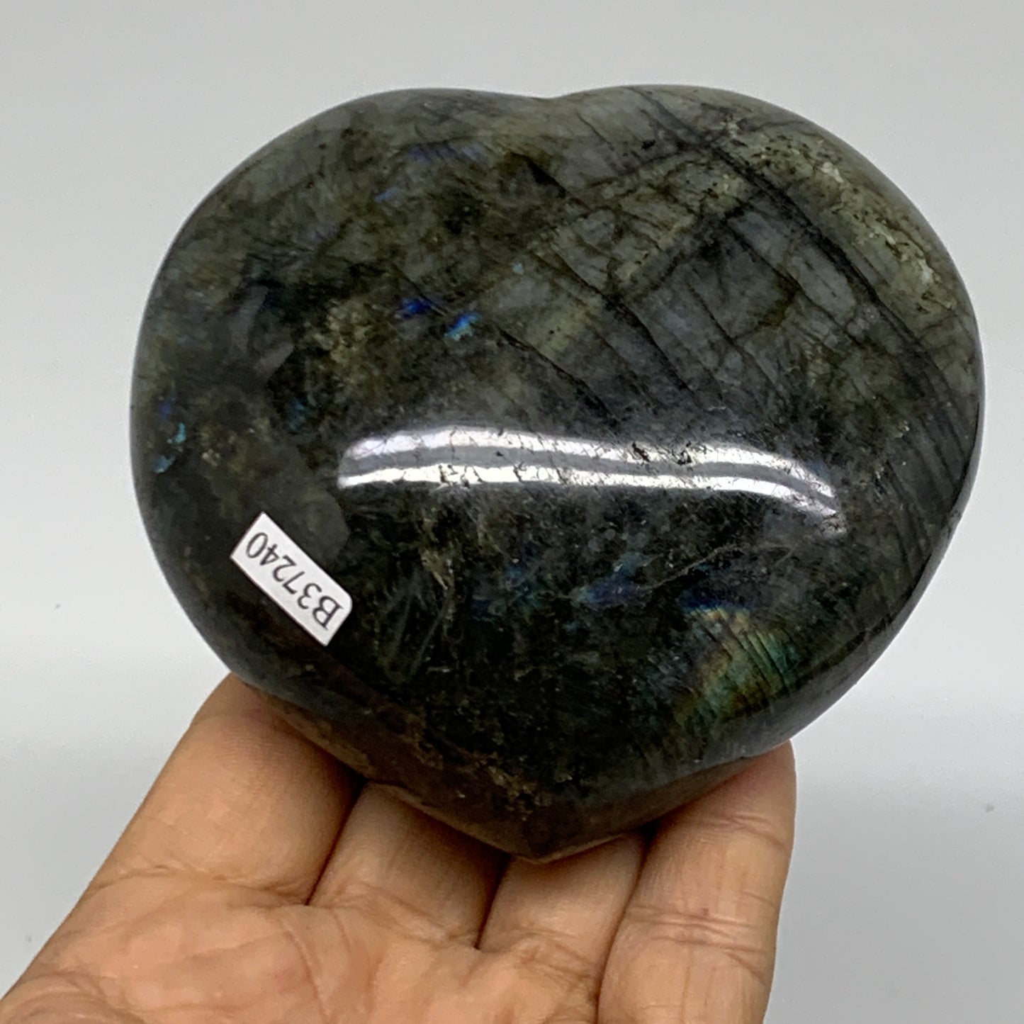 1.06 lbs, 3.5"x3.6"x1.7", Natural Labradorite Heart Polished Crystal, B37240