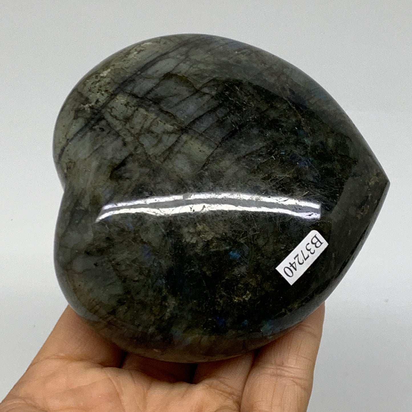 1.06 lbs, 3.5"x3.6"x1.7", Natural Labradorite Heart Polished Crystal, B37240