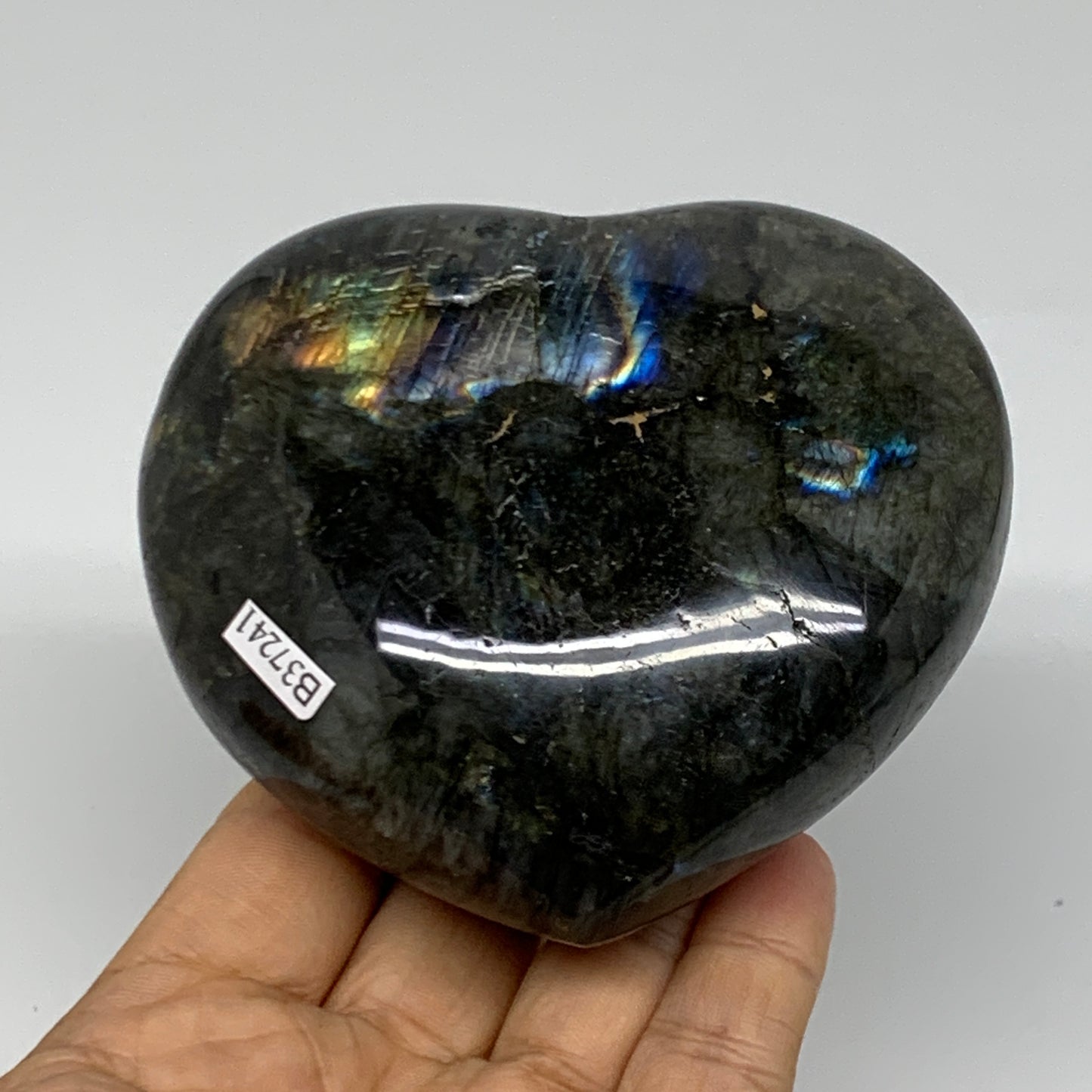 1.12 lbs, 3.4"x3.7"x1.7", Natural Labradorite Heart Polished Crystal, B37241