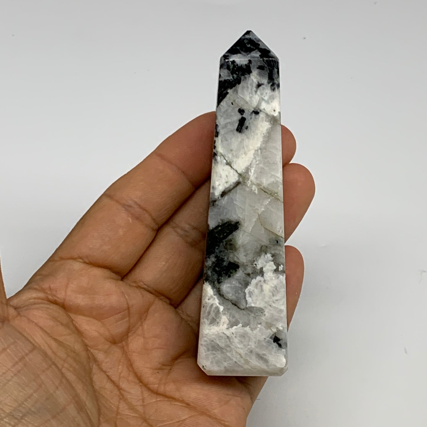 115.9g, 3.9"x1"x1" Rainbow Moonstone Tower Obelisk Point Crystal @India,B29289