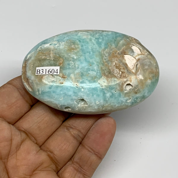 136.1g, 2.9"x1.9”x0.9", Blue Aragonite Calcite Palm-Stone @Afghanistan, B31604