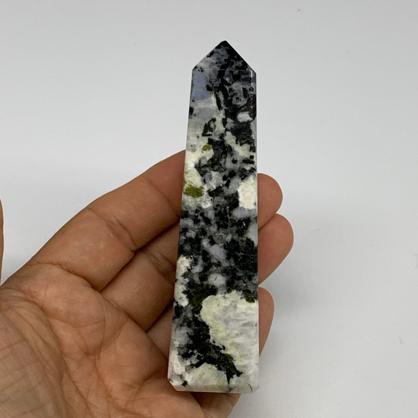 115.9g, 3.9"x1"x1" Rainbow Moonstone Tower Obelisk Point Crystal @India,B29289