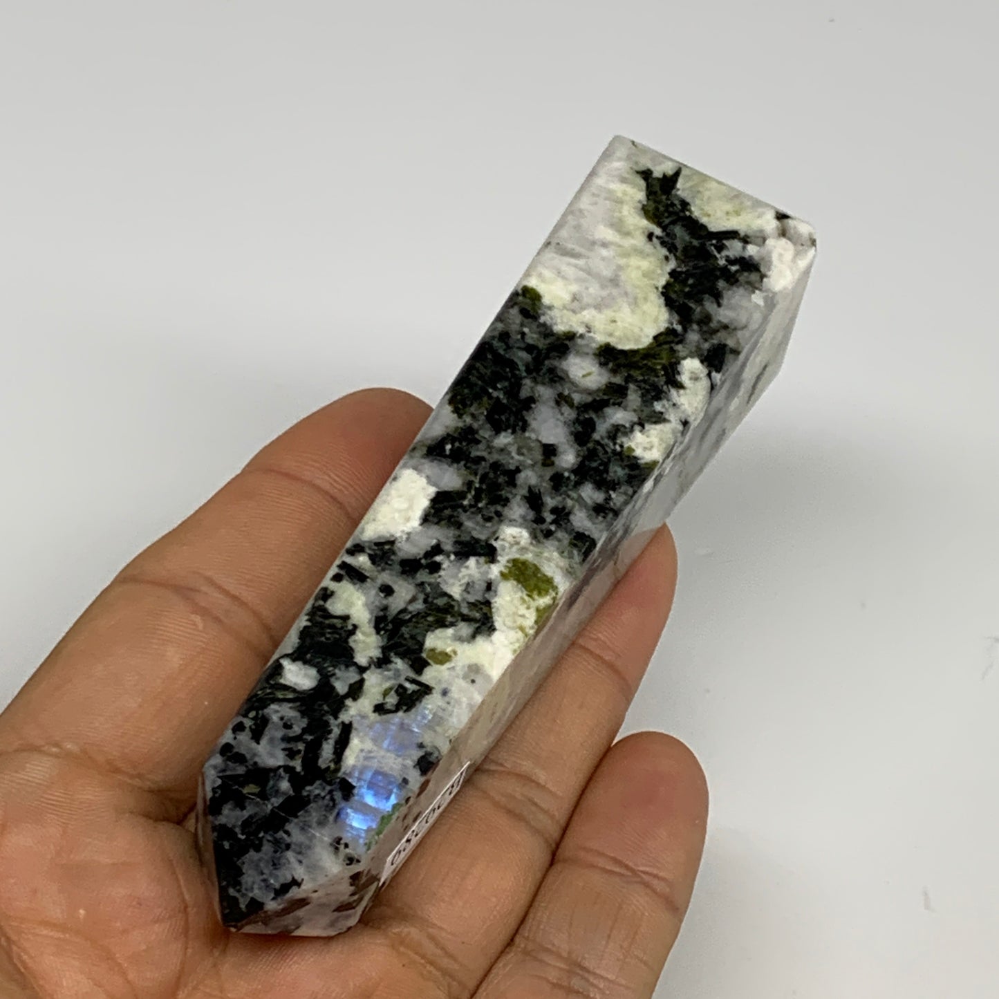115.9g, 3.9"x1"x1" Rainbow Moonstone Tower Obelisk Point Crystal @India,B29289