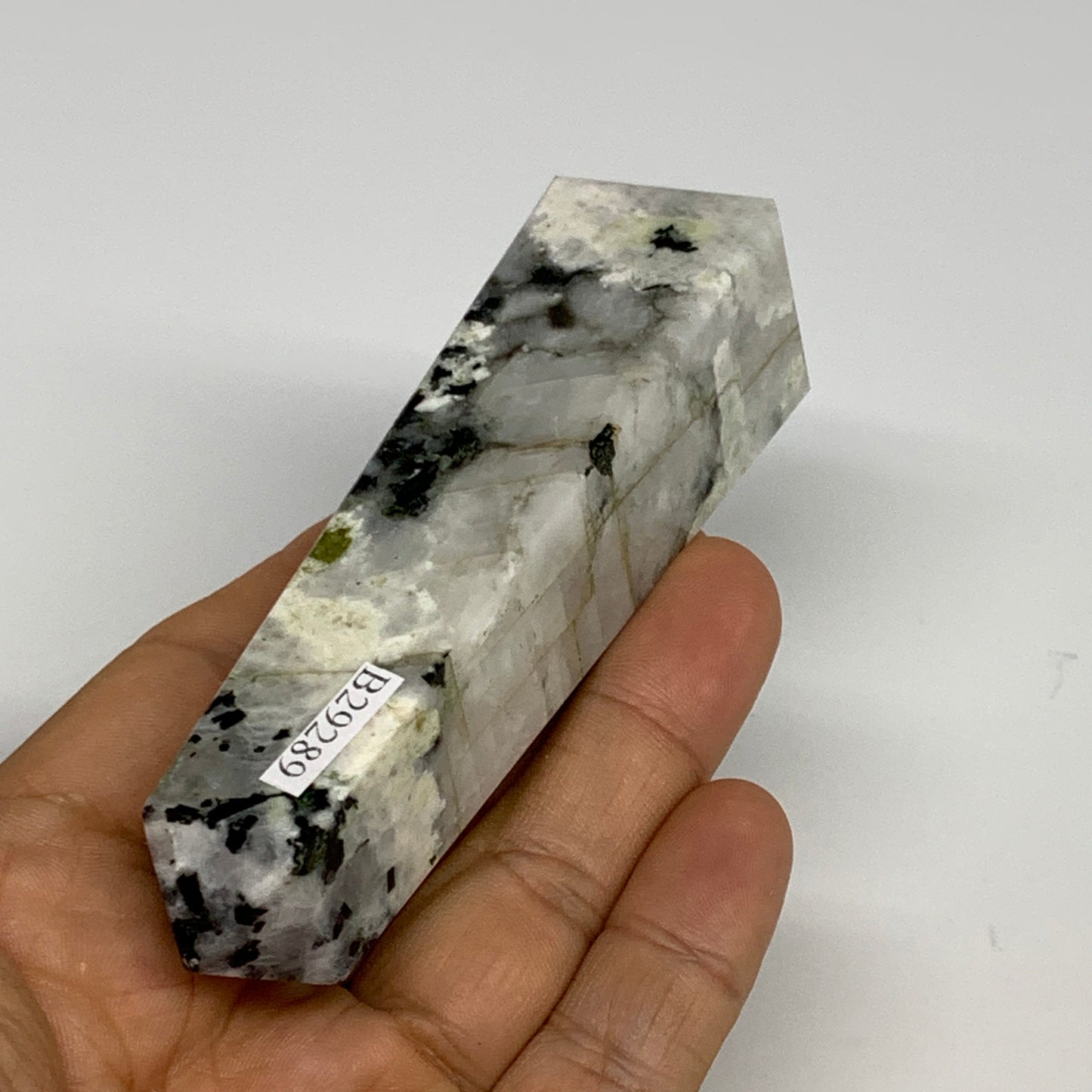 115.9g, 3.9"x1"x1" Rainbow Moonstone Tower Obelisk Point Crystal @India,B29289