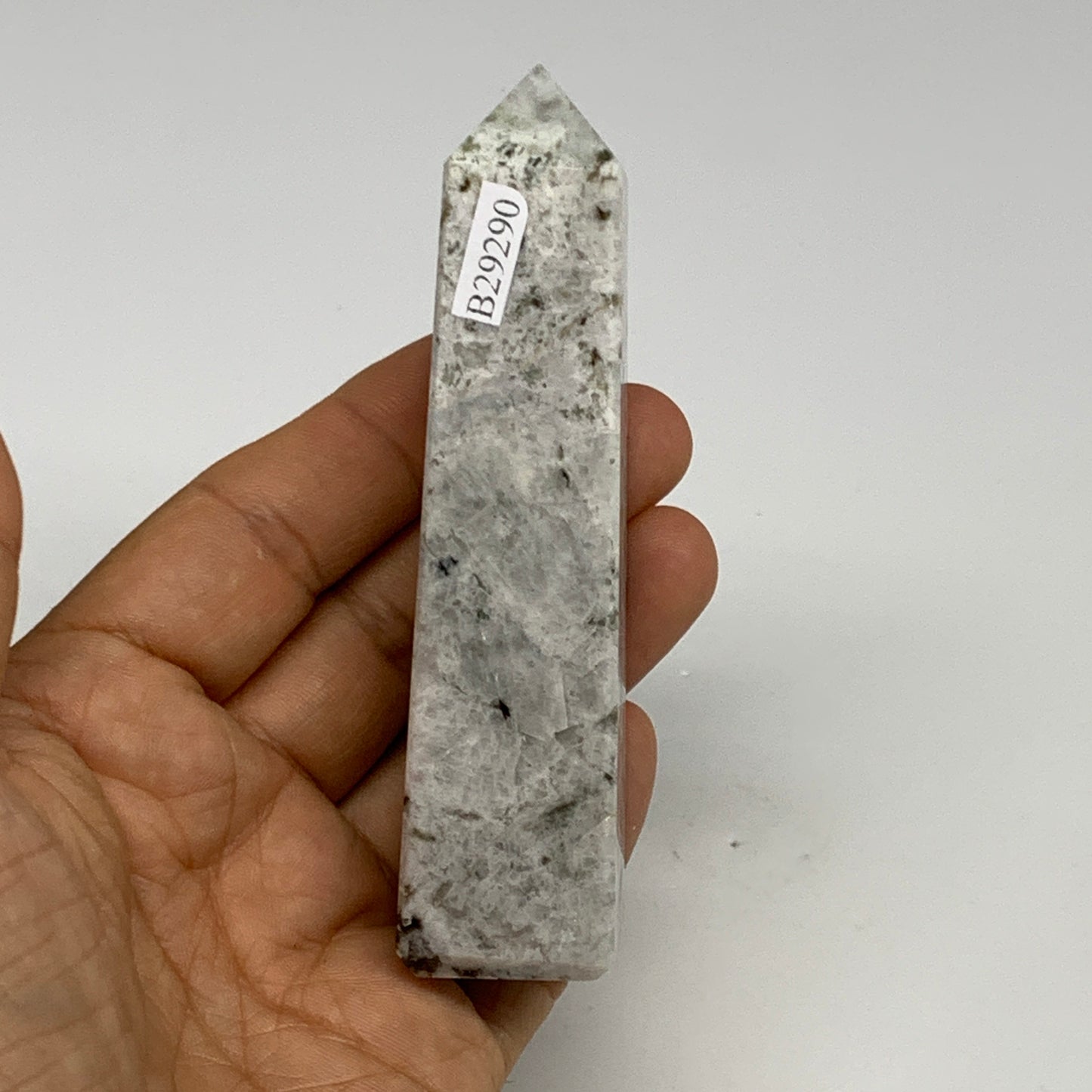 122.1g, 4"x0.9"x0.9" Rainbow Moonstone Tower Obelisk Point Crystal @India,B29290
