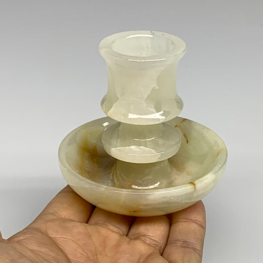 198g, 2.7"x1.4"x3", Natural Green Onyx Candle Holder Gemstone Carved, B32224