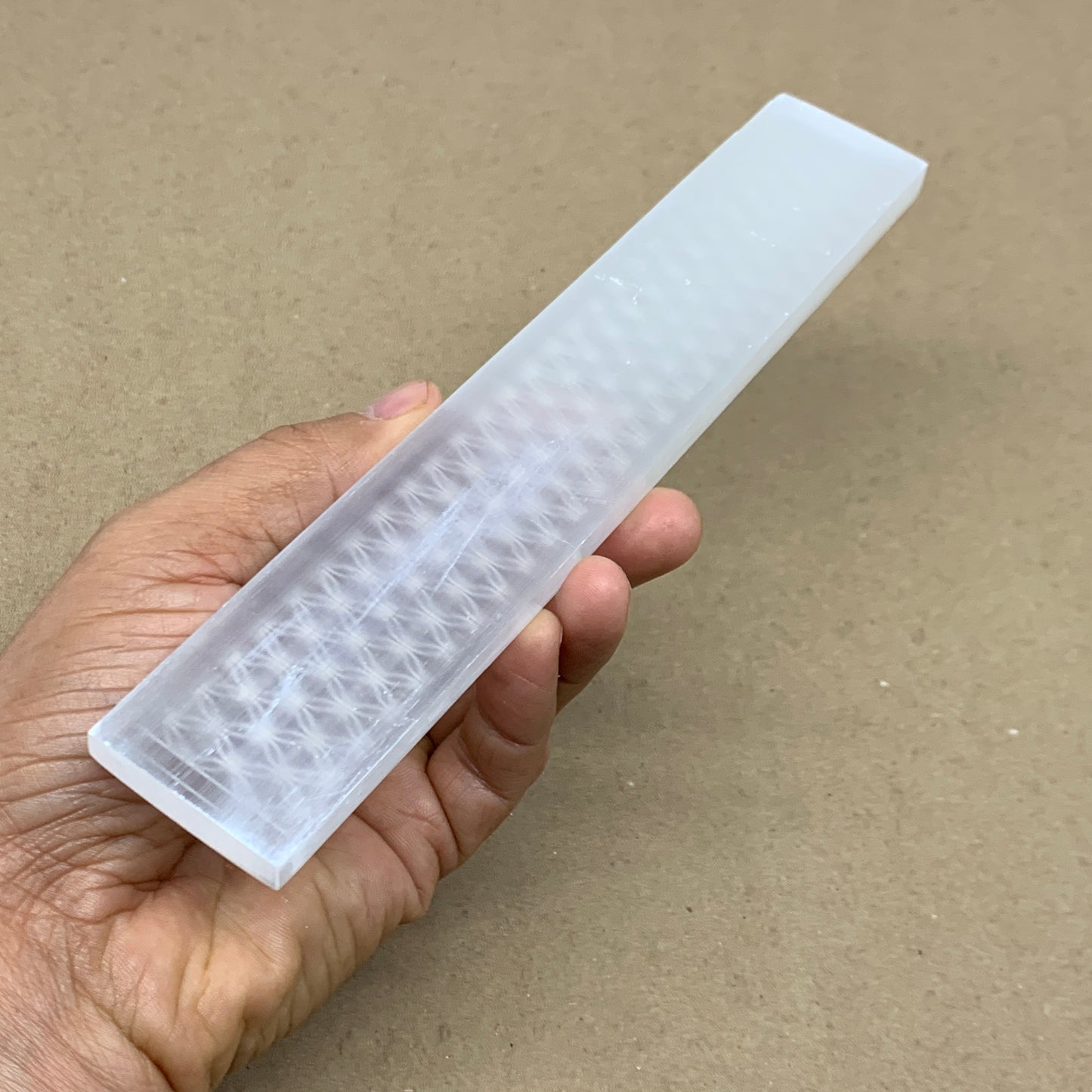 10pc, 150-190g, 7.9" x 1.5" x 0.51", Carved Solid Selenite Crystal Etched Ruler,