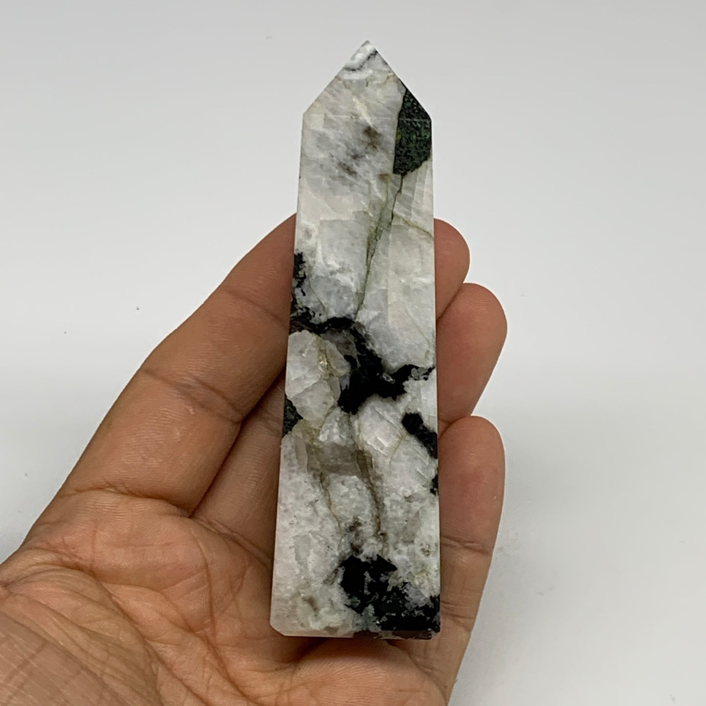 128.4g, 3.7"x1"x1.1" Rainbow Moonstone Tower Obelisk Point Crystal @India,B29292