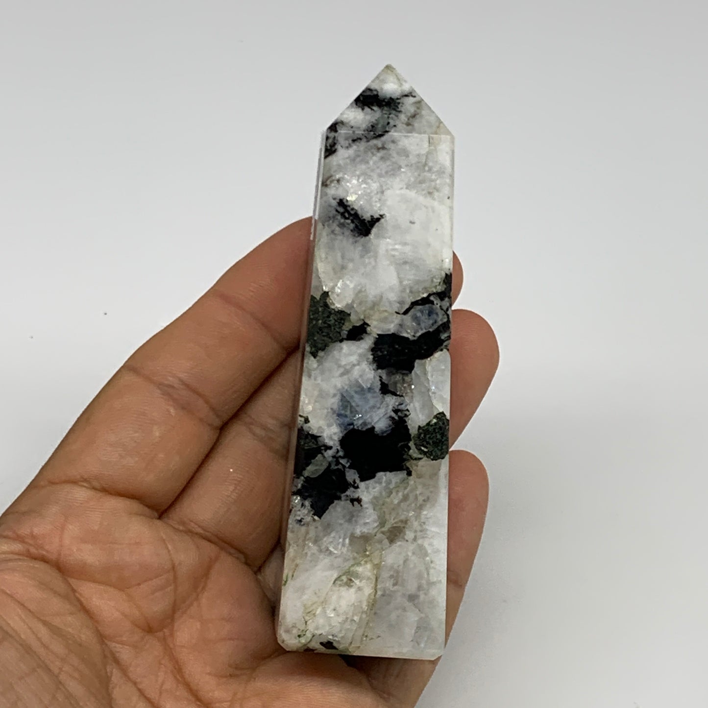 128.4g, 3.7"x1"x1.1" Rainbow Moonstone Tower Obelisk Point Crystal @India,B29292