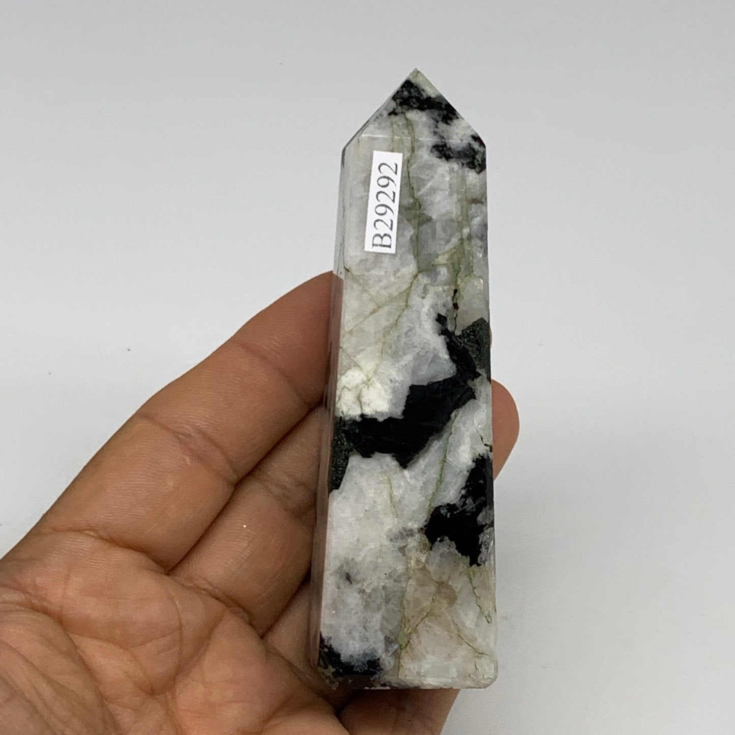 128.4g, 3.7"x1"x1.1" Rainbow Moonstone Tower Obelisk Point Crystal @India,B29292