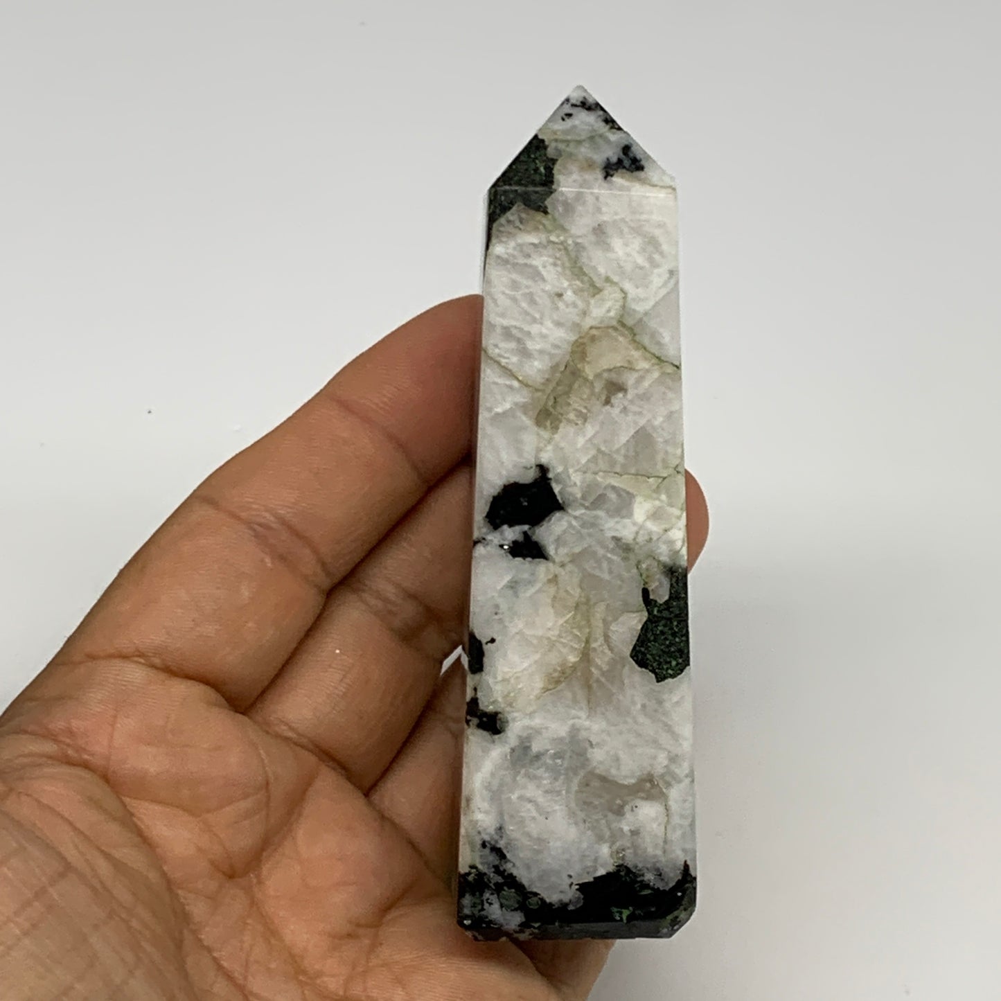 128.4g, 3.7"x1"x1.1" Rainbow Moonstone Tower Obelisk Point Crystal @India,B29292