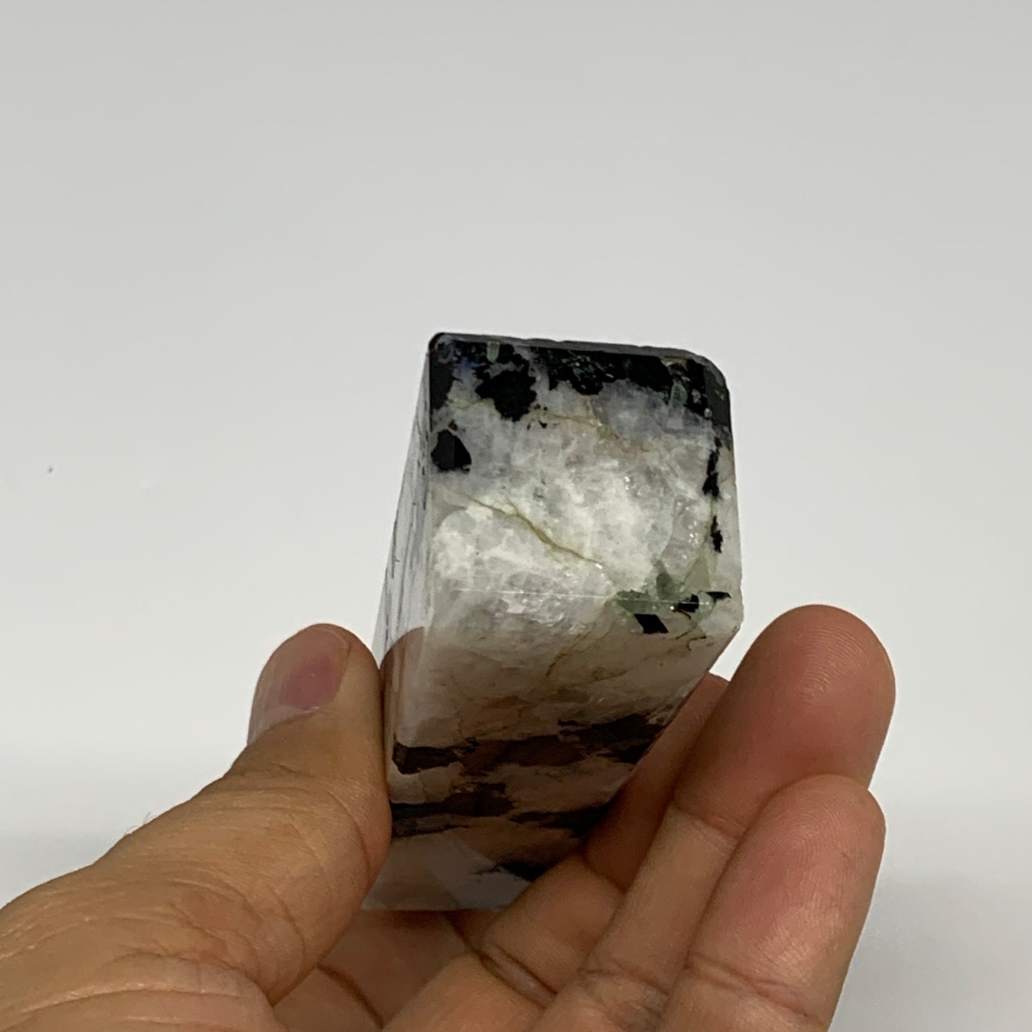 128.4g, 3.7"x1"x1.1" Rainbow Moonstone Tower Obelisk Point Crystal @India,B29292