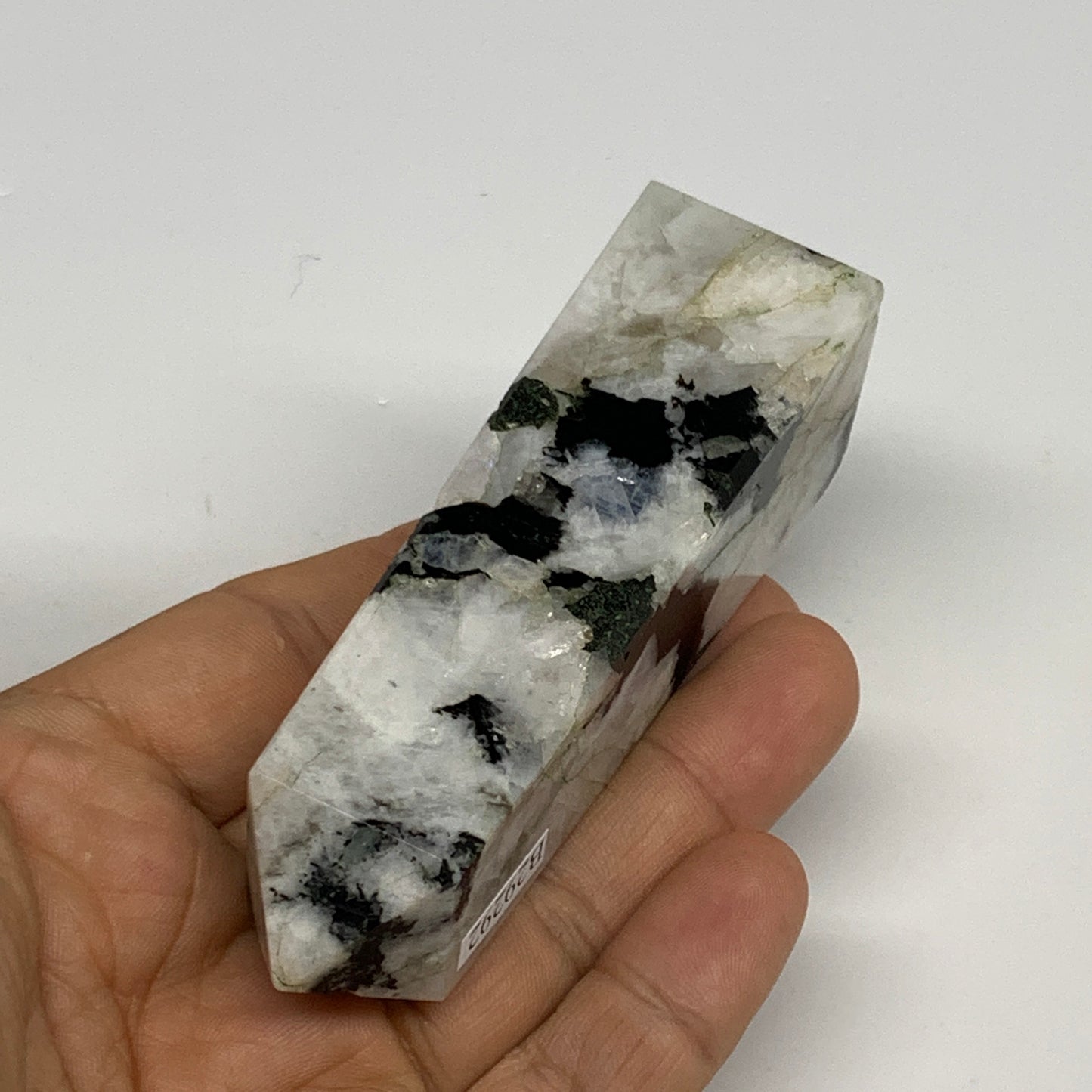 128.4g, 3.7"x1"x1.1" Rainbow Moonstone Tower Obelisk Point Crystal @India,B29292